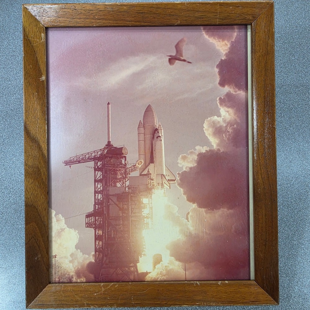NASA Space Shuttle Columbia Launch Framed Photo 9.5x11.5 Wood Frame Vintage